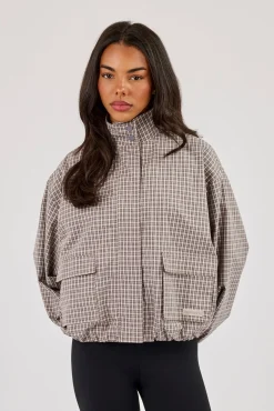 Check Nylon Funnel Neck Jacket - Beige