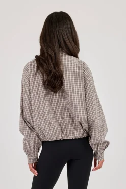 Check Nylon Funnel Neck Jacket - Beige