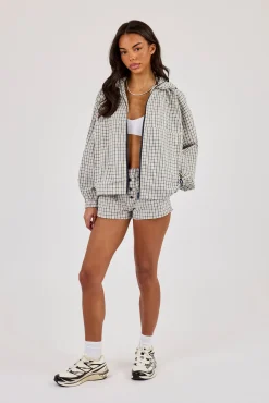 Check Nylon Zip Hooded Jacket & Check Button Short - Off White