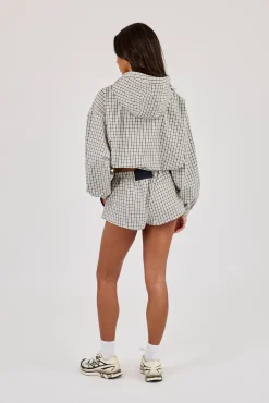 Check Nylon Zip Hooded Jacket & Check Button Short - Off White
