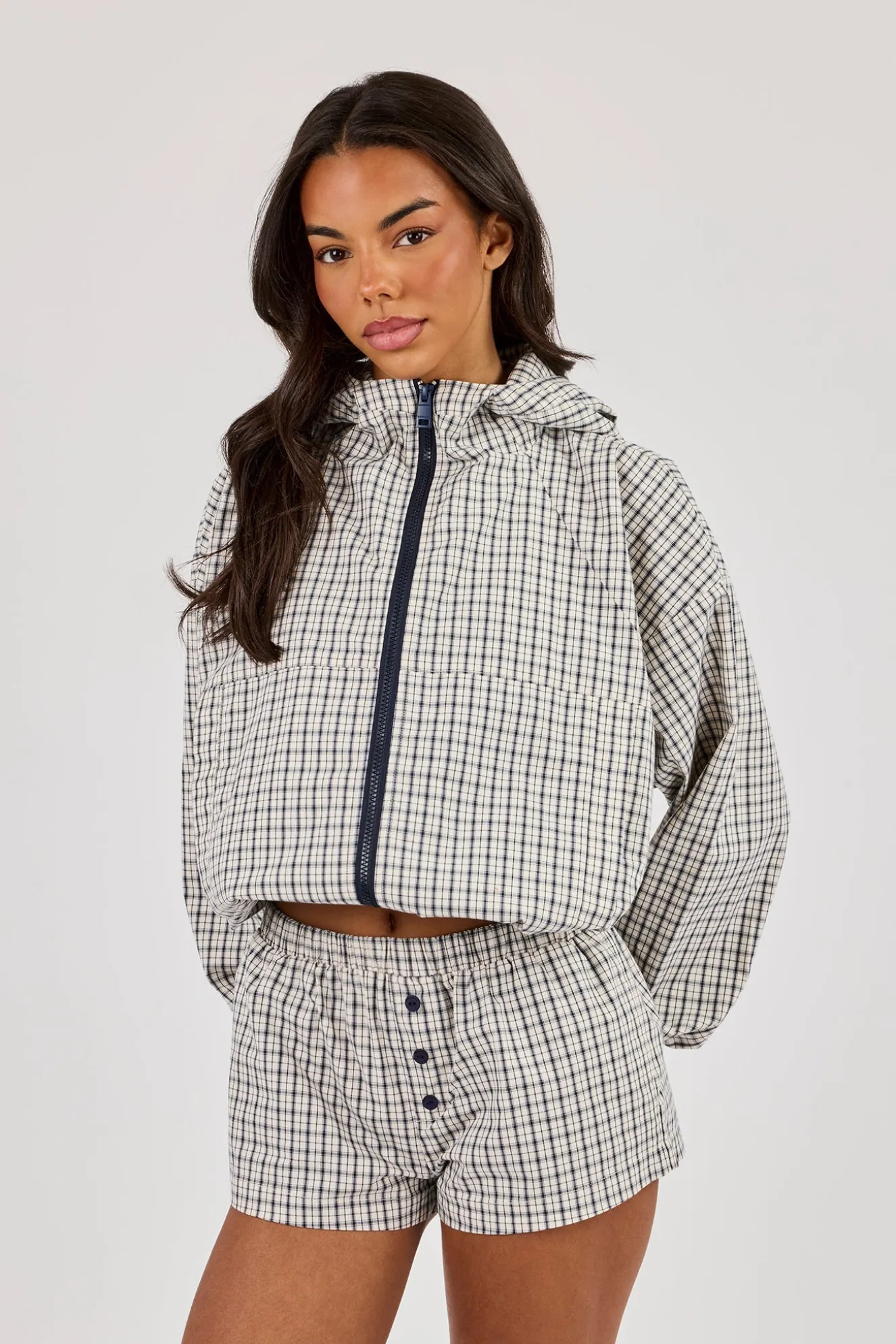 Check Nylon Zip Hooded Jacket - Off White