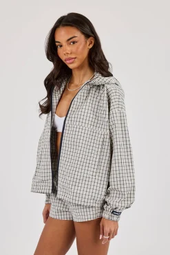 Check Nylon Zip Hooded Jacket - Off White