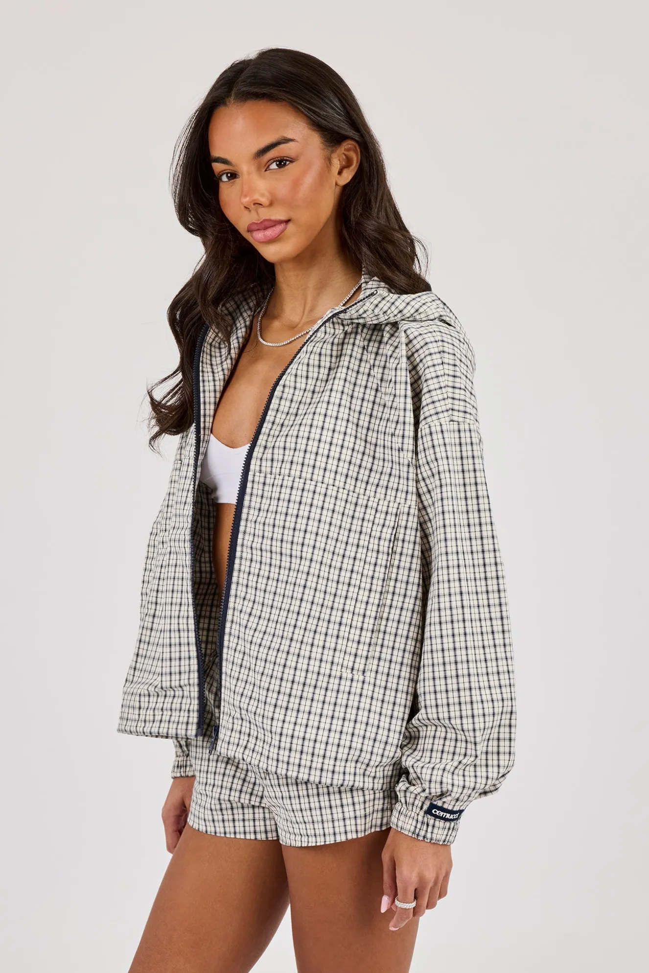 Check Nylon Zip Hooded Jacket - Off White