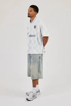 Check Printed Football Top - Light Blue