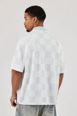 Check Printed Football Top - Light Blue