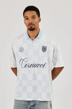 Check Printed Football Top - Light Blue