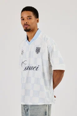 Check Printed Football Top - Light Blue