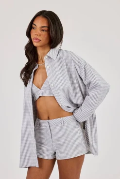 Check Print Oversized Shirt - Baby Blue