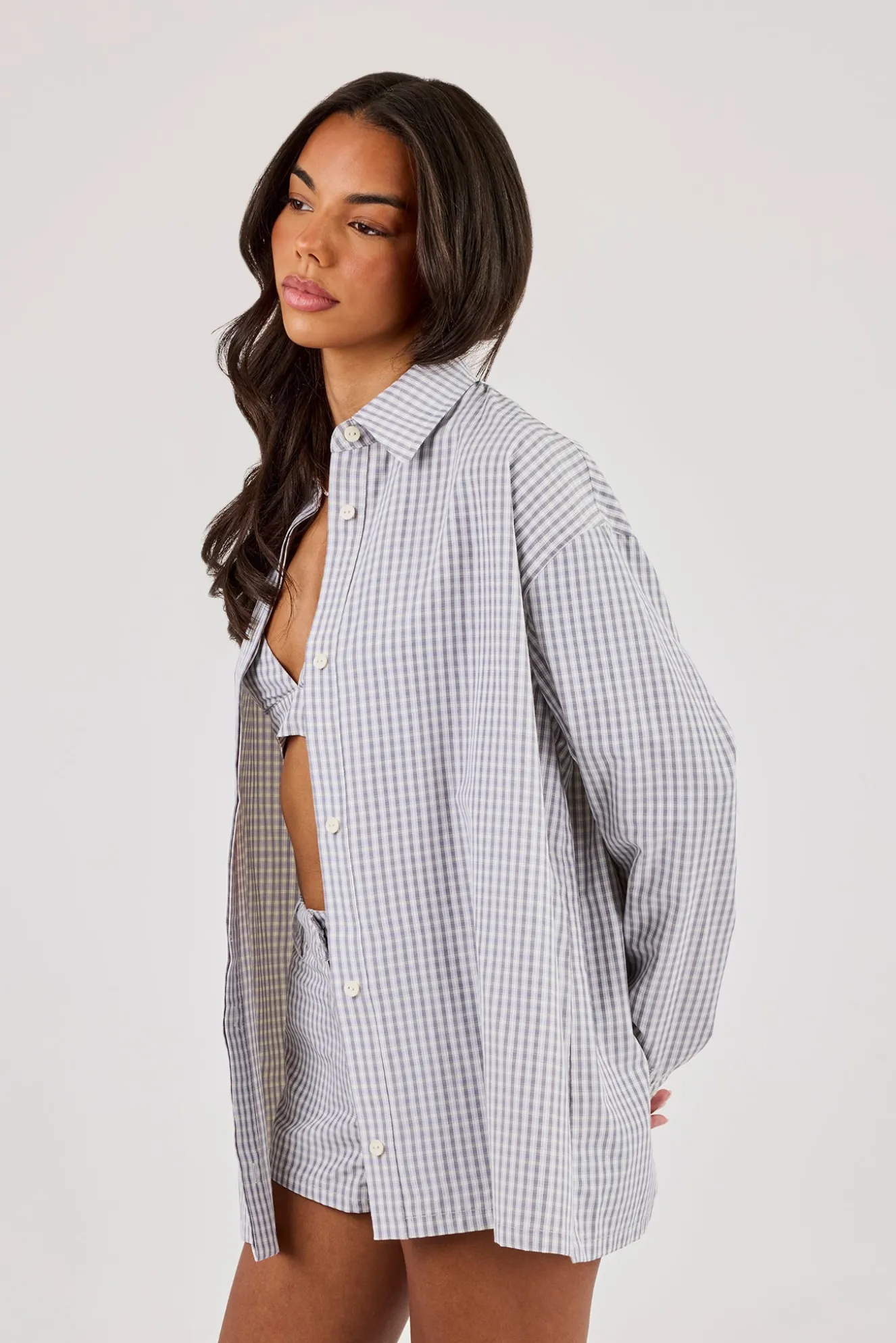 Check Print Oversized Shirt - Baby Blue