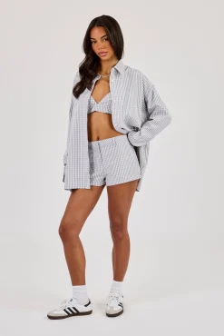 Check Print Oversized Shirt & Short - Baby Blue