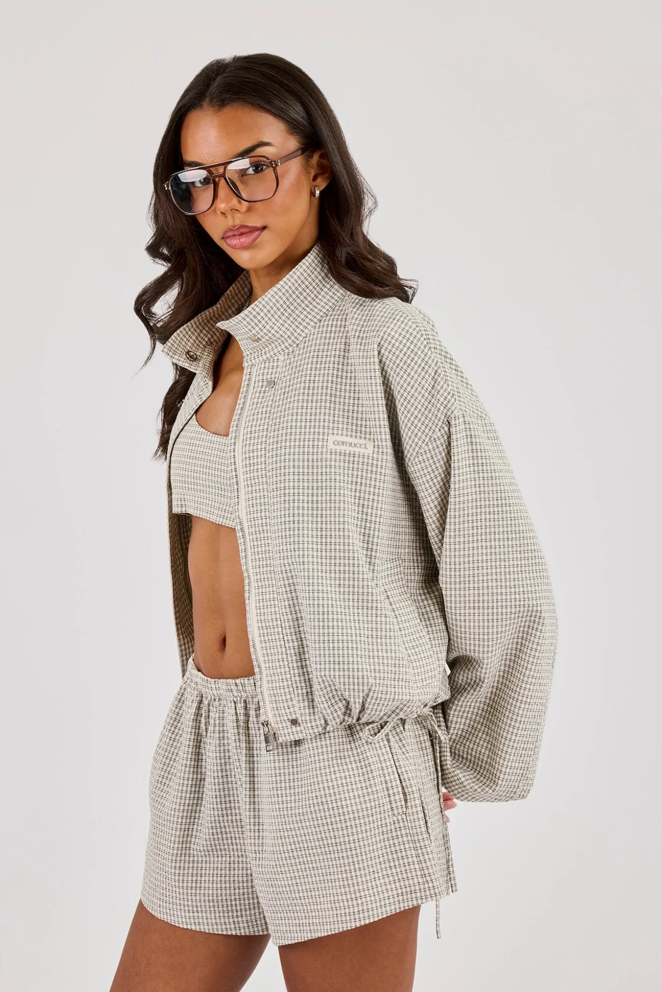 Check Twill Funnel Neck Jacket - Off White