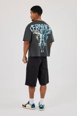 Cherub Back Print Boxy T-Shirt - Charcoal
