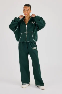 222 Cherub Contrast Stitch Wide Leg Jogger - Dark Green