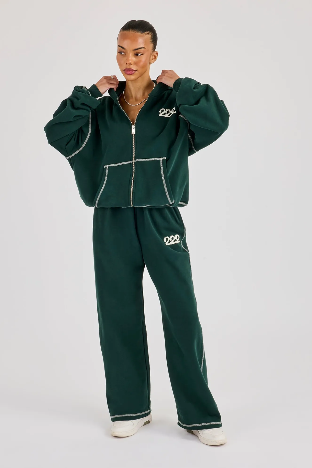 222 Cherub Contrast Stitch Wide Leg Jogger - Dark Green