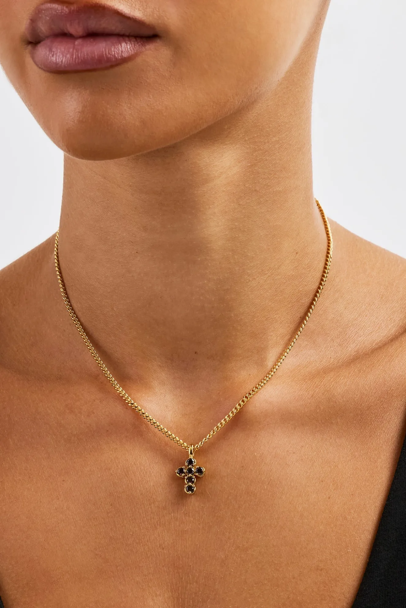 Chocolate CZ Stone Cross Necklace - 2.5mm - Gold