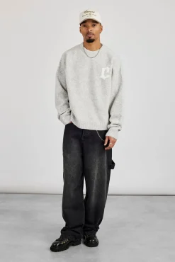 C Intarsia Knitted Sweatshirt - Grey