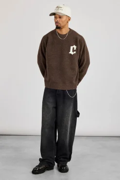 C Intarsia Knitted Sweatshirt - Dark Brown