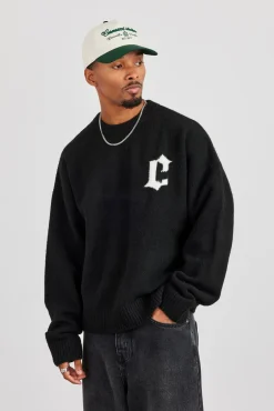 C Intarsia Knitted Sweatshirt - Black