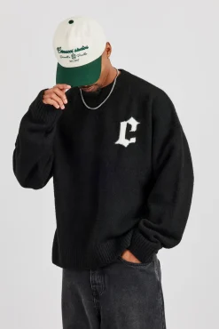 C Intarsia Knitted Sweatshirt - Black