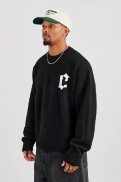 C Intarsia Knitted Sweatshirt - Black