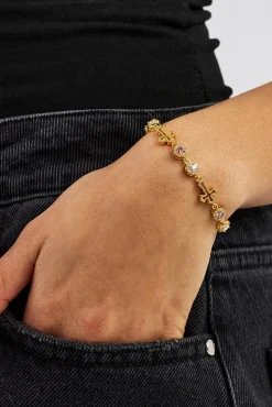Circle CZ & Cross Outline Multigem Bracelet - 6mm - Gold