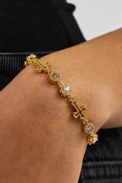 Circle CZ & Cross Outline Multigem Bracelet - 6mm - Gold