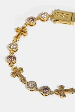 Circle CZ & Cross Outline Multigem Bracelet - 6mm - Gold