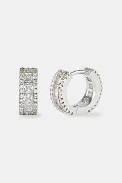 925 Clear CZ Baguette Hoop Earrings - White - 10mm