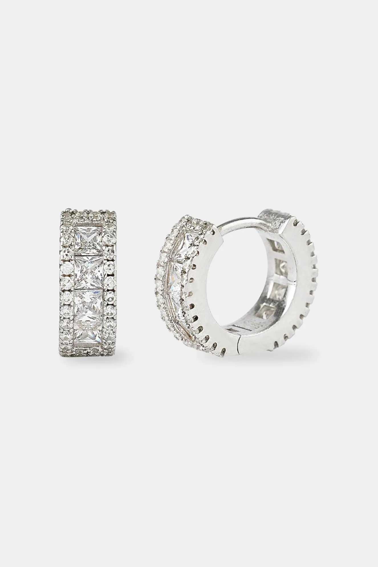 925 Clear CZ Baguette Hoop Earrings - White - 10mm