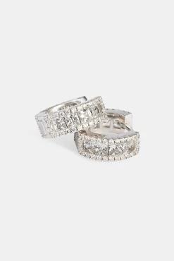 925 Clear CZ Baguette Hoop Earrings - White - 10mm