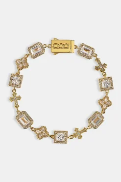 Clear Motif & Cross Gemstone Bracelet - 8mm - Gold