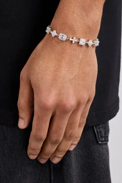 Clear Motif & Cross Gemstone Bracelet - 8mm - White