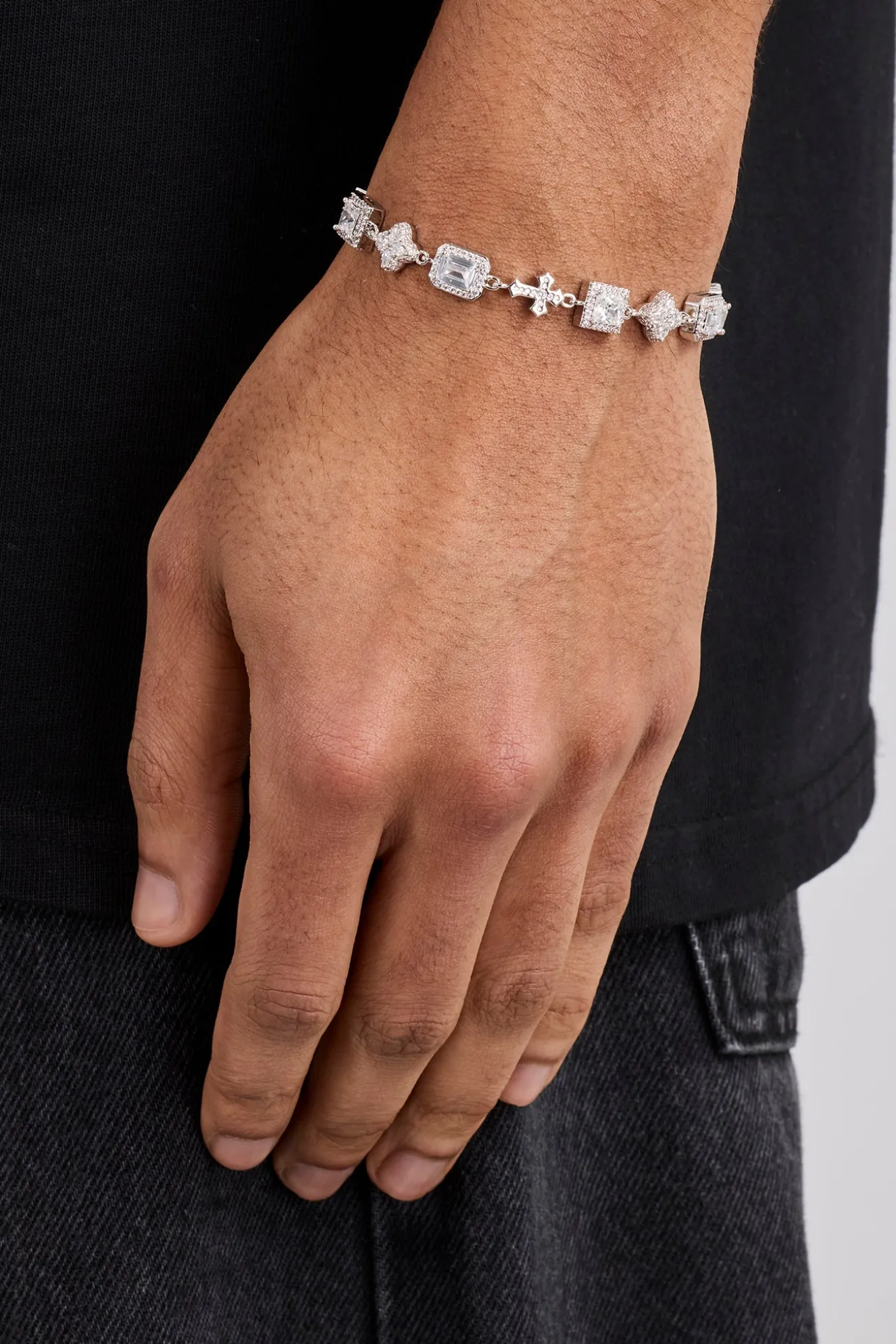 Clear Motif & Cross Gemstone Bracelet - 8mm - White