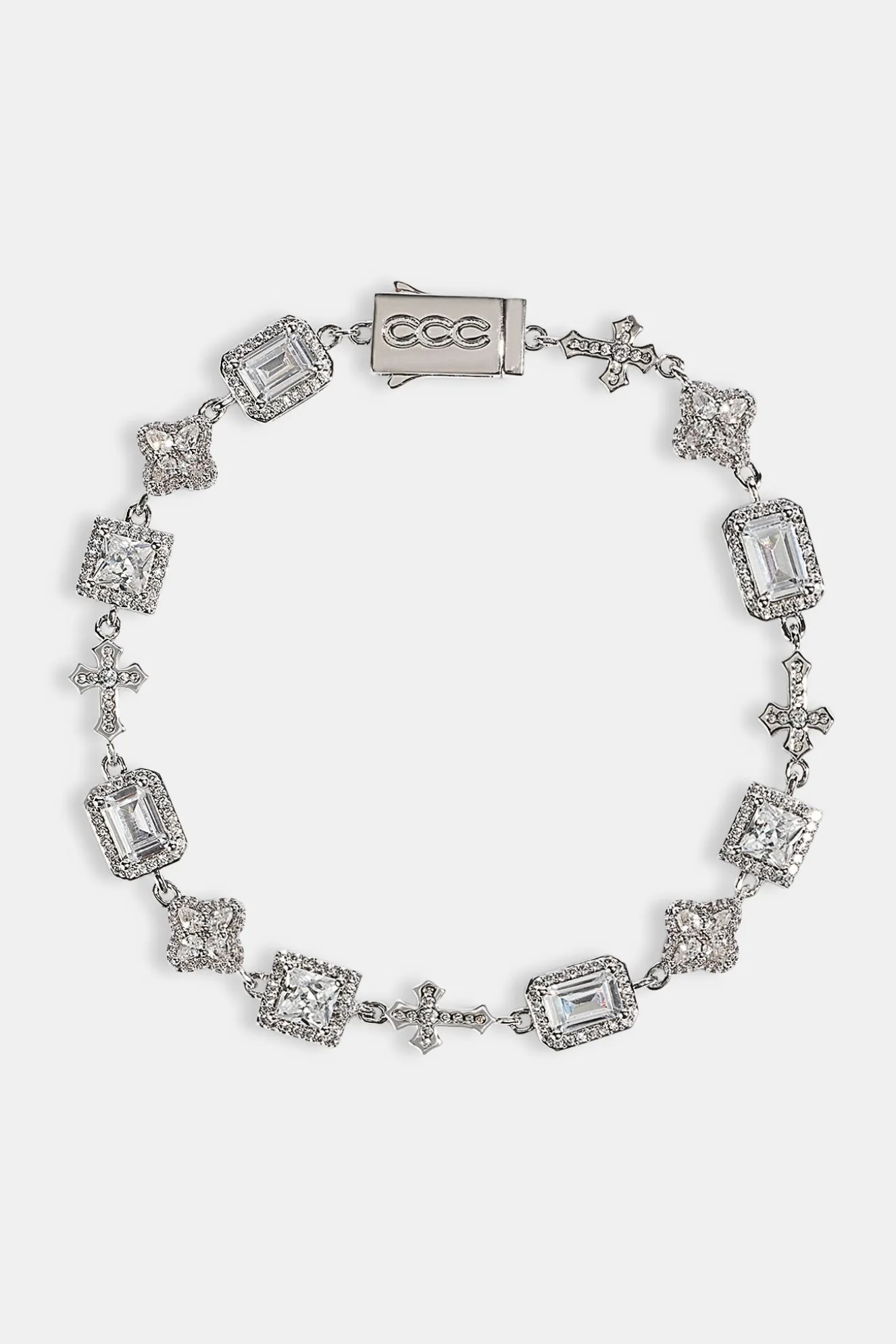 Clear Motif & Cross Gemstone Bracelet - 8mm - White