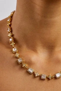 Clear Motif & Cross Gemstone Chain - 8mm - Gold