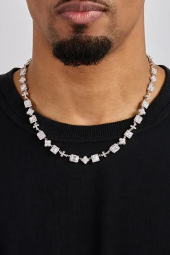 Clear Motif & Cross Gemstone Chain - 8mm - White