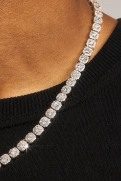 Clustered Tennis Bracelet & Chain - 7mm - White