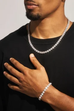 Clustered Tennis Bracelet & Chain - 7mm - White
