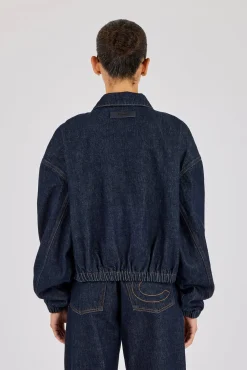 Contrast Stitch Denim Collared Bomber - Indigo
