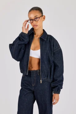 Contrast Stitch Denim Collared Bomber - Indigo