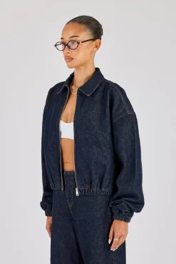Contrast Stitch Denim Collared Bomber - Indigo