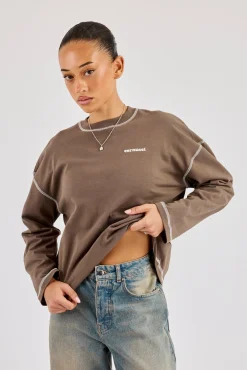 333 Contrast Stitch Long Sleeve T-Shirt - Taupe