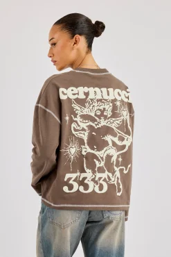 333 Contrast Stitch Long Sleeve T-Shirt - Taupe