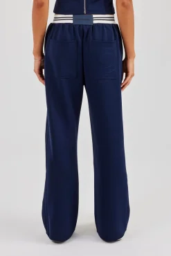 Contrast Waist Wide Leg Trouser - Navy Blue