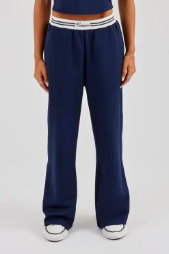 Contrast Waist Wide Leg Trouser - Navy Blue