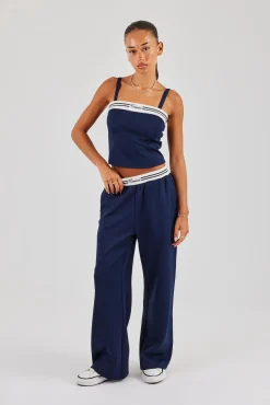 Contrast Waist Wide Leg Trouser - Navy Blue