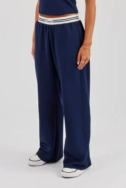 Contrast Waist Wide Leg Trouser - Navy Blue