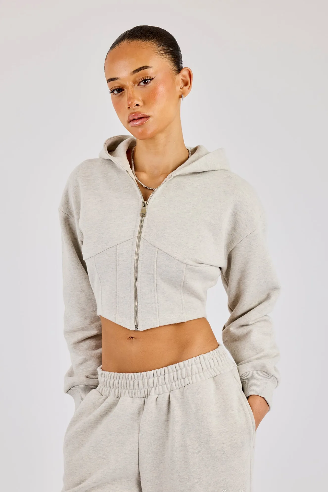 Corset Zip Through Hoodie - Ash Grey