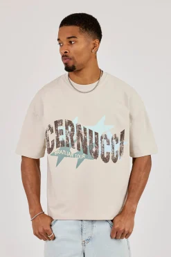 Cracked Cernucci Star Print Boxy T-Shirt - Stone