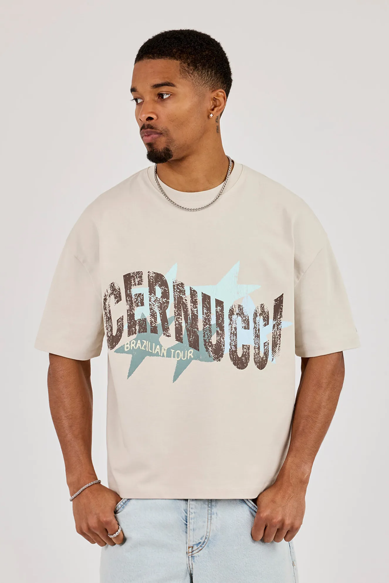 Cracked Cernucci Star Print Boxy T-Shirt - Stone